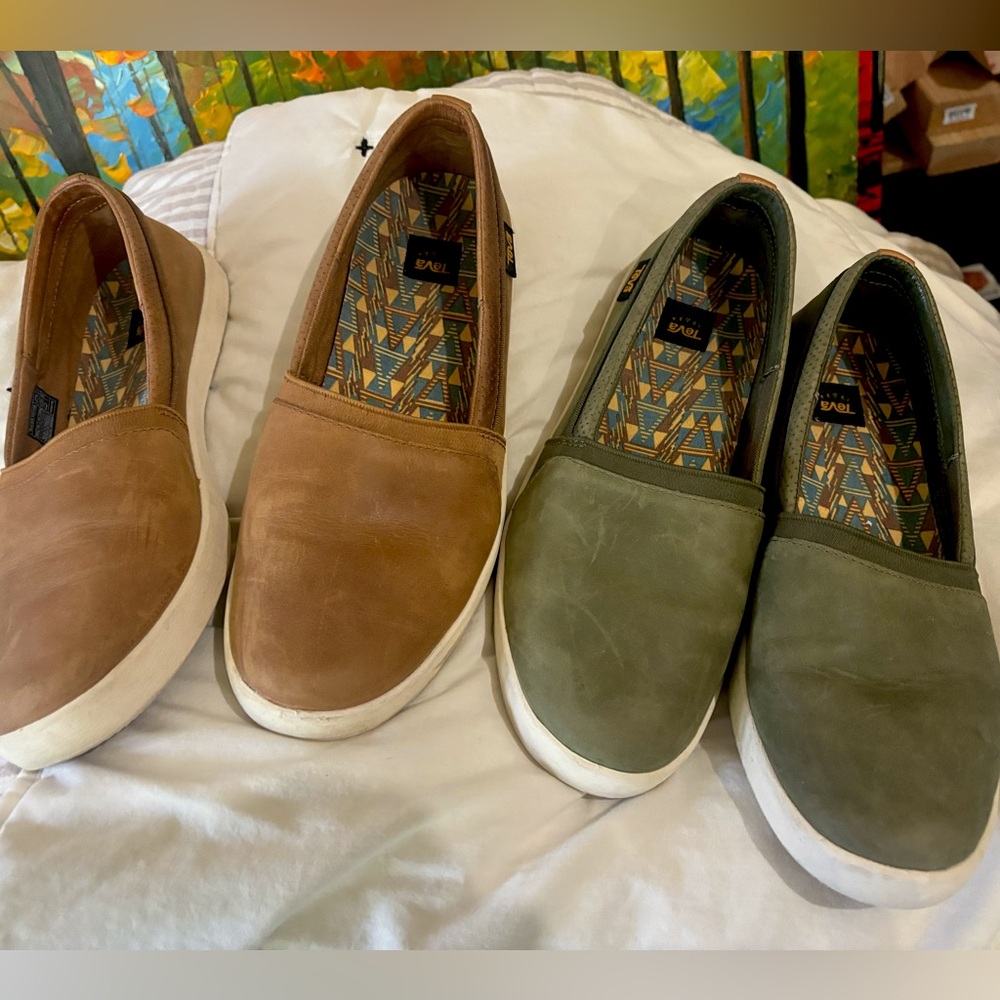 Teva Slip-On Flats in Brown and Olive Green
